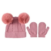 FAOWME Baby Girls Boys Soft Warm Knit Hat Kids Winter Hat Solid Color Knitted Gloves Pink One Size